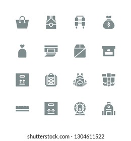 pack icon set. Collection of 16 filled pack icons included Backpack, Beer, Package, Chocolate bar, Belt pouch, Box, Wipes, Sack, Bag, Jet pack, Shopping bag