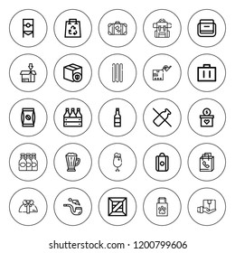 Pack icon set. collection of 25 outline pack icons with backpack, bag, beer box, beer, coffee bag, beers, dairy, gift, french stick, package, smoke pipe icons. editable icons.