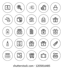 Pack icon set. collection of 25 outline pack icons with bag, chocolate bar, beers, ear dropper, gift bag, gift, lunchbox, package, present, shopping bag icons. editable icons.