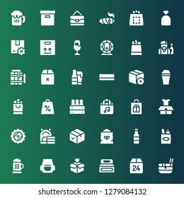 pack icon set. Collection of 36 filled pack icons included Ashtray, Box, Package, Backpack, Beer, Shopping bag, Flour, Bag, Chocolate bar, Barman, Paper bag, Sack, Cigar