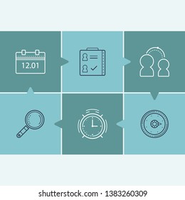 Pack icon set and review with attention, recruiting and meet up. Alarm related pack icon vector for web UI logo design.
