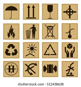 Pack Icon Set Symbol on The Cardboard Box for Transportation and Delivery. Vector illustration of Handling icons like fragile, recycle, caution signs for shipping