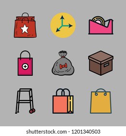 pack icon set. vector set about gift bag, shopping bag, walker and box icons set.