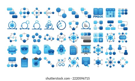 A pack of icons displaying project management and workflow strategy.