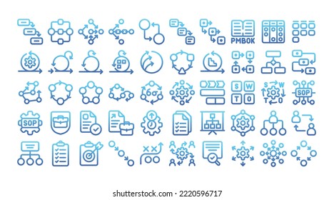 A pack of icons displaying project management and workflow strategy.