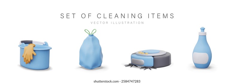 Pack of icons for online cleaning service. Realistic bucket with rubber gloves, garbage bag, robot vacuum cleaner, bottle with blank label. Vector models