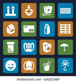 Pack icons set. set of 16 pack filled icons such as backpack, emoji showing tongue, chinese fast food, take away food, milk, cargo box, cargo arrow up, box, parcel