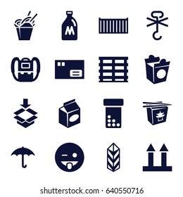 Pack icons set. set of 16 pack filled icons such as milk can, backpack, emoji showing tongue, chinese fast food, take away food, cargo box, cargo arrow up, box, parcel