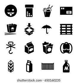 Pack icons set. set of 16 pack filled icons such as milk can, emoji showing tongue, chinese fast food, take away food, milk, cargo box, keep dry cargo, box, backpack, parcel