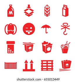 Pack icons set. set of 16 pack filled icons such as milk can, emoji showing tongue, chinese fast food, take away food, milk, cargo box, cargo arrow up, box, backpack