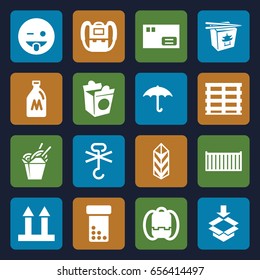 Pack icons set. set of 16 pack filled icons such as milk can, backpack, emoji showing tongue, chinese fast food, take away food, cargo box, cargo arrow up, box, parcel