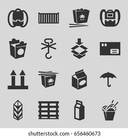 Pack icons set. set of 16 pack filled icons such as backpack, chinese fast food, take away food, milk, cargo box, cargo arrow up, box
