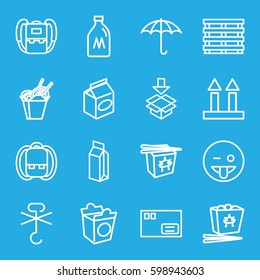 pack icons set. Set of 16 pack outline icons such as milk can, backpack, chinese fast food, take away food, milk, cargo box, cargo arrow up, box, emoji showing tongue