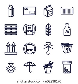 pack icons set. Set of 16 pack outline icons such as milk can, backpack, chinese fast food, take away food, milk, cargo box, cargo arrow up, box, parcel