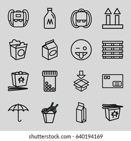Pack icons set. set of 16 pack outline icons such as milk can, backpack, chinese fast food, take away food, milk, cargo box, cargo arrow up, keep dry cargo, box