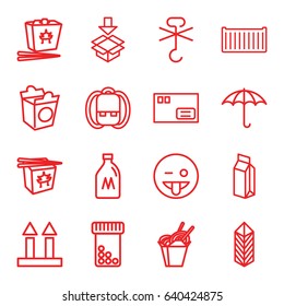 Pack icons set. set of 16 pack outline icons such as milk can, chinese fast food, take away food, milk, cargo box, cargo arrow up, box, emoji showing tongue, parcel, backpack