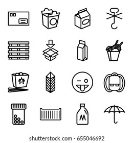 Pack icons set. set of 16 pack outline icons such as milk can, chinese fast food, take away food, milk, cargo box, keep dry cargo, box, emoji showing tongue, parcel, backpack