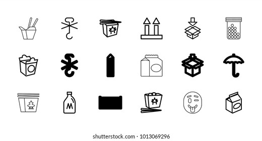Pack icons. set of 18 editable outline pack icons: milk can, chinese fast food, take away food, cargo arrow up, no cargo warning, box, bottle pills