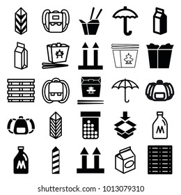 Pack icons. set of 25 editable filled and outline pack icons such as milk can, milk, cargo arrow up, cargo, box, backpack, chinese fast food, take away food