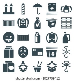 Pack icons. set of 25 editable filled pack icons such as milk can, backpack, parcel, emoji showing tongue, chinese fast food, milk, cargo box, cargo arrow up, box