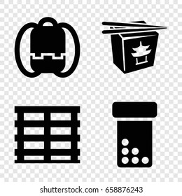 Pack icons set. set of 4 pack filled icons such as chinese fast food, cargo box, backpack
