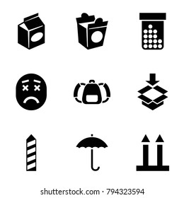 Pack icons. set of 9 editable filled pack icons such as take away food, box, backpack, bottle pills, emoji showing tongue, cargo arrow up, keep dry cargo