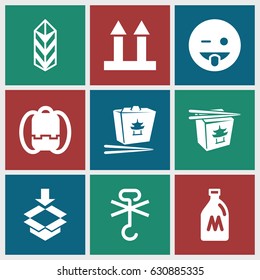 Pack icons set. set of 9 pack filled icons such as milk can, emoji showing tongue, chinese fast food, cargo arrow up, no cargo warning, cargo, box