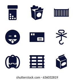 Pack icons set. set of 9 pack filled icons such as emoji showing tongue, take away food, cargo box, no cargo warning, backpack, parcel