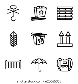 Pack icons set. set of 9 pack outline icons such as backpack, chinese fast food, cargo box
