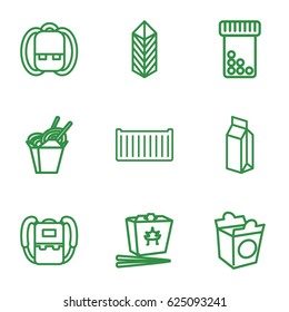 Pack icons set. set of 9 pack outline icons such as backpack, chinese fast food, take away food, milk, cargo box, cargo