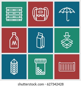 Pack icons set. set of 9 pack outline icons such as milk can, backpack, milk, cargo box, keep dry cargo, cargo, box