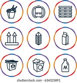 Pack icons set. set of 9 pack outline icons such as milk can, chinese fast food, take away food, milk, cargo box, cargo arrow up, cargo