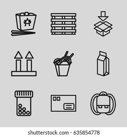 Pack icons set. set of 9 pack outline icons such as chinese fast food, milk, cargo box, cargo arrow up, box, parcel, backpack