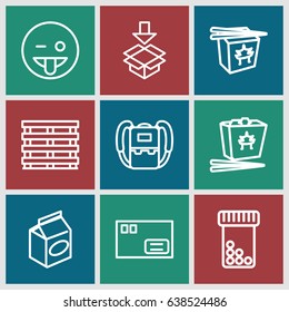 Pack icons set. set of 9 pack outline icons such as backpack, chinese fast food, take away food, cargo box, box, emoji showing tongue, parcel