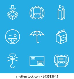 Pack icons set. set of 9 pack outline icons such as backpack, take away food, milk, keep dry cargo, no cargo warning, box, emoji showing tongue