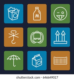 Pack icons set. set of 9 pack outline icons such as milk can, take away food, cargo box, cargo arrow up, emoji showing tongue