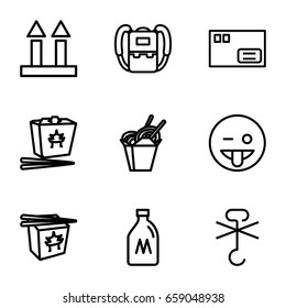 Pack icons set. set of 9 pack outline icons such as milk can, backpack, chinese fast food, cargo arrow up, no cargo warning, emoji showing tongue