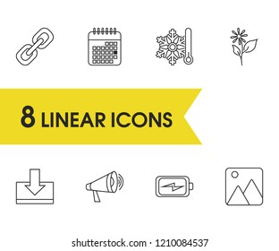 Pack icons set with battery, megaphone and spring elements. Set of pack icons and announcement concept. Editable vector elements for logo app UI design.