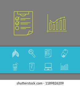 Pack icons set with checklist, cacao and stock graph elements. Set of pack icons and chocolate concept. Editable vector elements for logo app UI design.