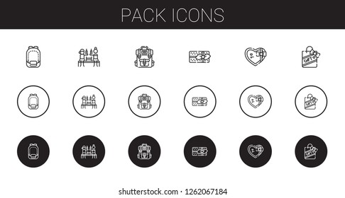 pack icons set. Collection of pack with backpack, beer, gifts, gift. Editable and scalable pack icons.