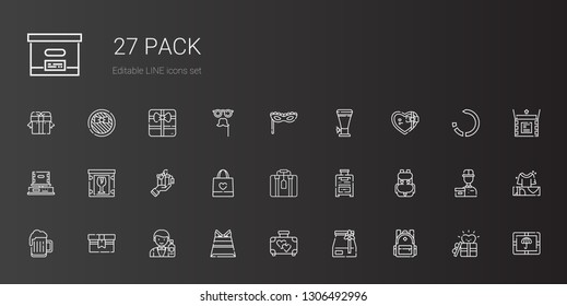 pack icons set. Collection of pack with backpack, paper bag, suitcase, barman, gifts, beer, shopping bag, gift, fragile, box, mask, package. Editable and scalable pack icons.