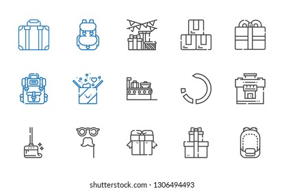 pack icons set. Collection of pack with backpack, gifts, gift, mask, wiping, suitcase, reload, present, box. Editable and scalable pack icons.