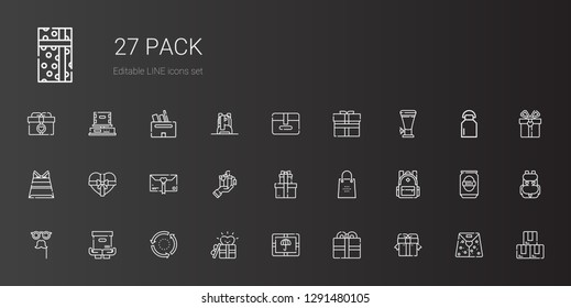pack icons set. Collection of pack with gift, present, package, repeat, mask, backpack, shopping bag, gifts, paper bag, beer, box, milk. Editable and scalable pack icons.