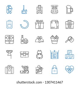 pack icons set. Collection of pack with gift, shopping bag, gifts, suitcase, box, unboxing, backpack, mask, bag, beer, reload, rucksack, wiping. Editable and scalable pack icons.