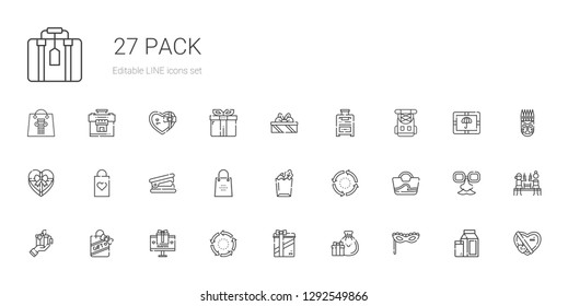 pack icons set. Collection of pack with mask, gifts, repeat, gift, bag, paper bag, shopping bag, stapler remover, rucksack, suitcase, milk, beer. Editable and scalable pack icons.