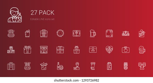pack icons set. Collection of pack with milk, beer, delivery courier, gift, rucksack, suitcase, package, gifts, fragile, shopping bag, mask. Editable and scalable pack icons.