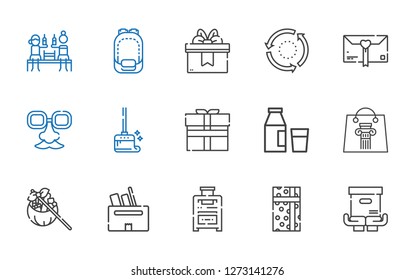 pack icons set. Collection of pack with package, gift, suitcase, box, shopping bag, milk, wiping, face mask, repeat, backpack, beer. Editable and scalable pack icons.