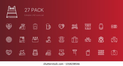 pack icons set. Collection of pack with paper bag, mask, package, gift, backpack, gifts, suitcase, delivery courier, beer, fragile, lunchbox. Editable and scalable pack icons.