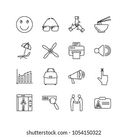 Pack icons set with elevator, bag and megaphone elements. Set of pack icons and ventilation concept. Editable vector elements for logo app UI design.