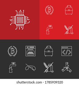 Pack icons set with oven, bitcoin and team elements. Set of pack icons and tap concept. Editable vector elements for logo app UI design.